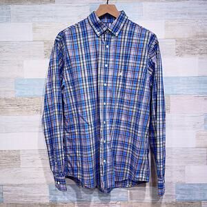 Johnnie O Twill Button Down Shirt Blue Multicolor Plaid Long Sleeve Mens Large